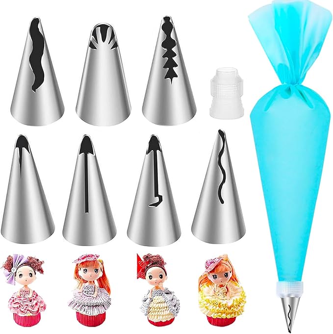 Suuker Ruffle Piping Tips Set, Seamless Stainless Steel Vintage Cake Piping Tips Pleated Skirt Piping Nozzles Set, Cake Decorating Tips for Cake Cupcakes Cookies, 9 Pieces