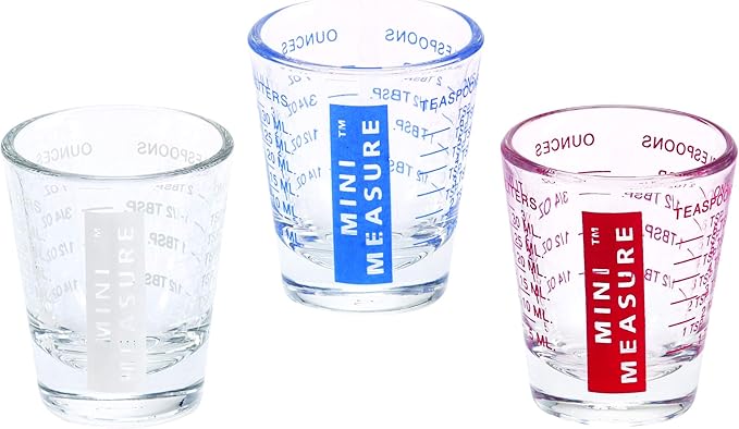 Kolder Mini Measure Multi-Purpose Shot Glass, Heavyweight Glass, Patriotic Red White And Blue, 3-Piece Set, For Liquid And Dry Ingredients And Precise Recipe Prep
