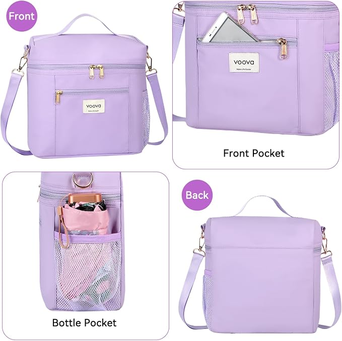Voova Lunch Bag for Women, Insulated Lunch Box with Shoulder Strap, Adult Reusable Lightweight Nylon Waterproof Lunchbox Lunch bags for Work, Purple