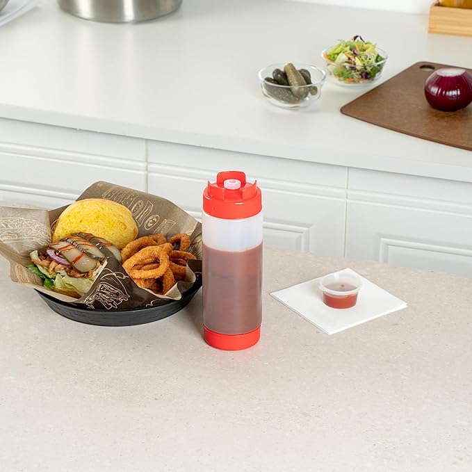 Restaurantware Plastic Squeeze Bottle 20 oz Refillable Condiment Bottle Large Valve Dishwashable Red Inverted Sauce Dispenser For Thick Condiments, Dressings, Batter, Sour Cream, And Syrups
