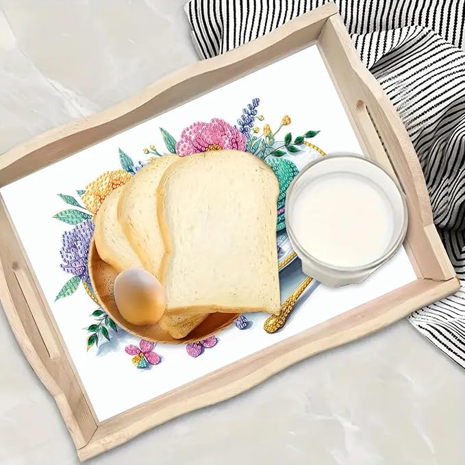 DIY Diamond Serving Tray Rectangular Wooden Breakfast Tray with Handle Handmade Diamond Art Painting Spring Creative Dinner Plate Coffee Room Living Home Organizer-Macarons
