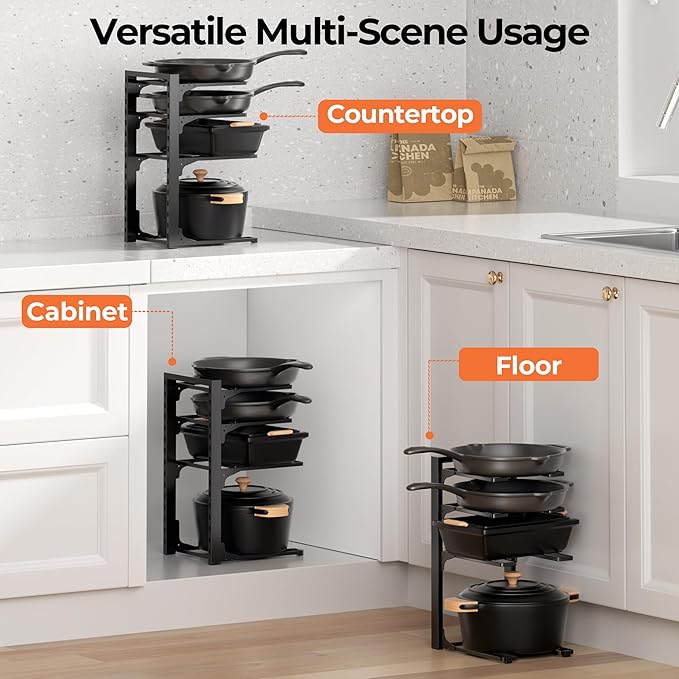 MUDEELA 2 Pack Pots and Pans Organizer under Cabinet, 4-Tier Heavy Duty Pan Organizers inside Cabinet Kitchen Storage, Adjustable Pot Rack Holds up to 44 LB Cast Iron Skillets Shallow Cookware