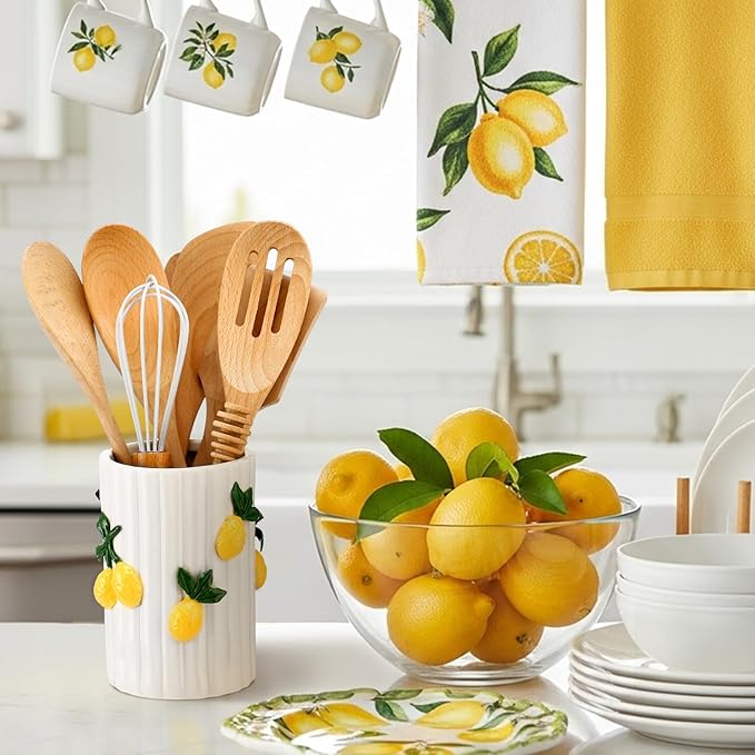 LemonRoad Lemon Kitchen Decor Ceramic Utensil Holder 3D Handmade Lemon Cooking Utensil Crock with Scalloped Edge Design Preppy Storage Caddy Organizer Vase Decor for Christmas Kitchen Countertop Gift