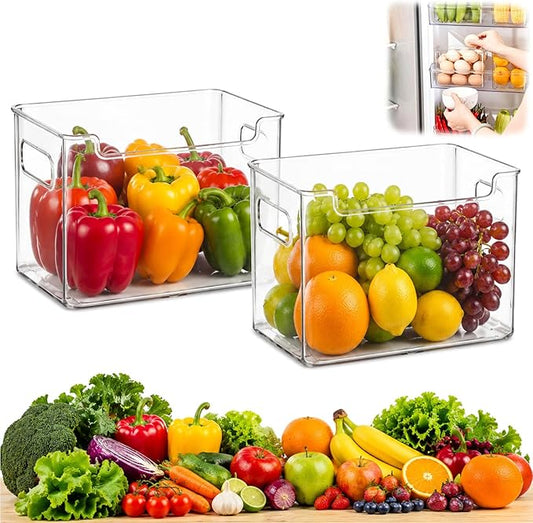 Clear Freezer Storage Bins,Stackable Freezer Organizer Bins with Handles,Clear Plastic Kitchen Organizer for Frozen Food, Meat & Veggies (2pcs, L)