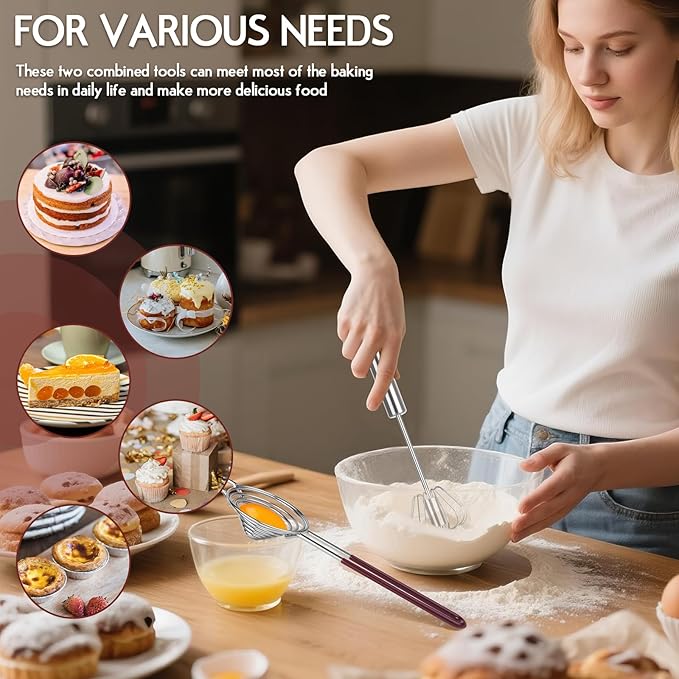 2 pcs Whisk Set with Yolk Separator,Stainless Steel Semi-Auto Egg Beater Whisk and Egg Separator,Hand Push Mixer Stirrer for Blending,Whisking,Beating & Stirring
