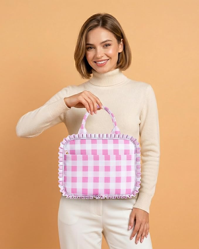 Stylish Checkered Gingham Lunch Bag for Women, Ruffled Trim Lunch Box for Adult Girls, Large Capacity Leakproof Reusable Lunch Box for Work School Picnic Travel (Pink&White)