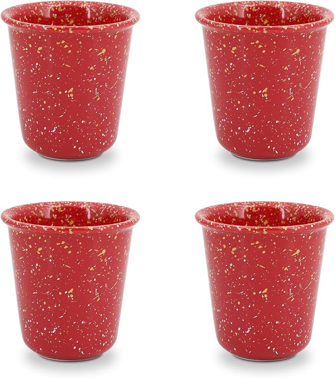 Coffee Cups Ceramic Farmhouse Speckled Handleless 10oz Set of 4, for Latte, Cappuccino, Mocha, Cocoa, Stackable, Drip-Free, Lead-Free, Microwave & Dishwasher Safe, Red