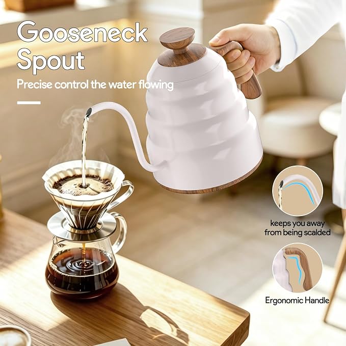 Electric Gooseneck Kettle, 30oz/0.9L Intelligent Temperature Control, Quick Heating, 304 Stainless Steel for Pour Over Coffee, Brew Tea, Boil Hot Water, 1000W （White）