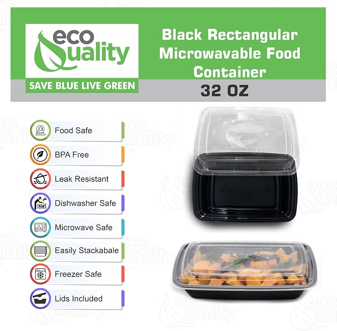 32 oz Reusable Food Storage 25 Pack Containers with Lids by EcoQuality – Rectangular BPA Free Freezer, Microwave & Dishwasher Safe – Airtight & Watertight Stackable, Lunch Meal Prep, To-Go, Bento Box