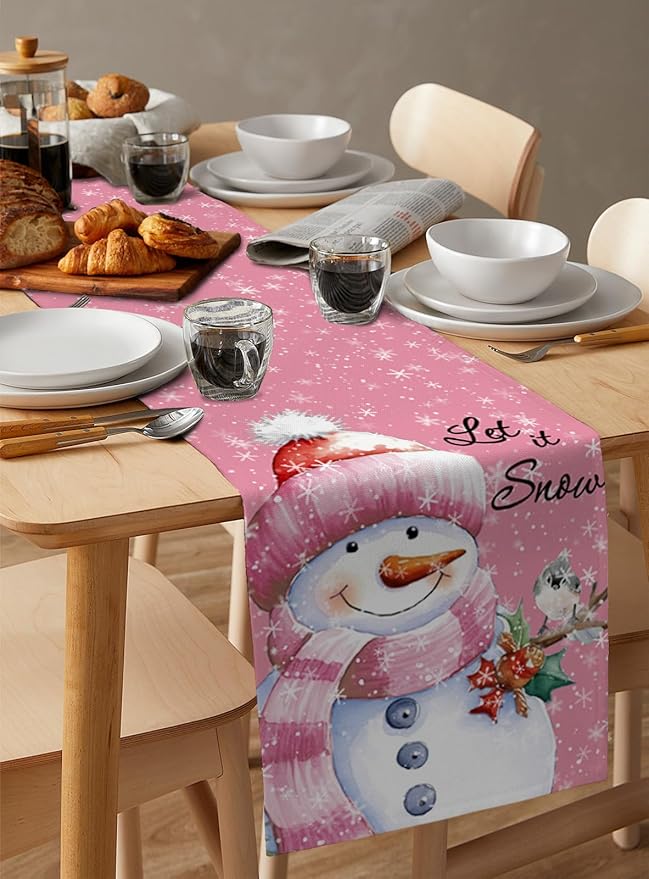 Snowman Christmas Table Runner - 72 Inch Long, Pink Xmas Winter Snowflake Dining Table Runner Dresser Scarves, Rustic Let Snow Bird Christmas Decor for Coffee Table Wedding Party Banquet, 18x72 in
