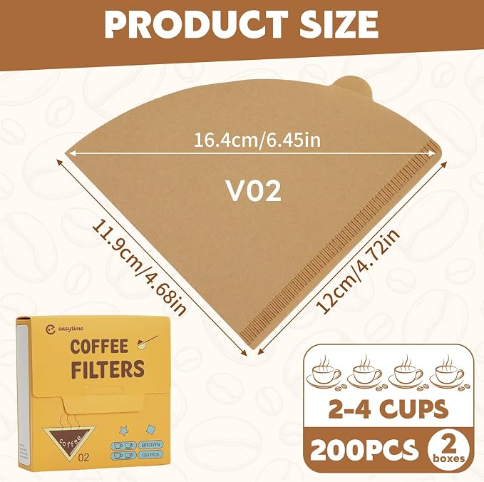 #2 Coffee Filters, 200 Count Cone Coffee Filters #2, Small Unbleached Paper Coffee Filter 2-4 cup for Pour Over and Drip Coffee Maker (2 Boxes, 200 Count Total)