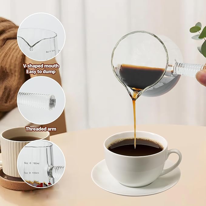 FANTESTICRYAN 6OZ Measuring Cup, Ribbed Borosilicate Glass Espresso Cup, V-Shaped Spout Drain Espresso Double Shots, Coffee Milk Tea Accessories (Clear, Glass Handle)