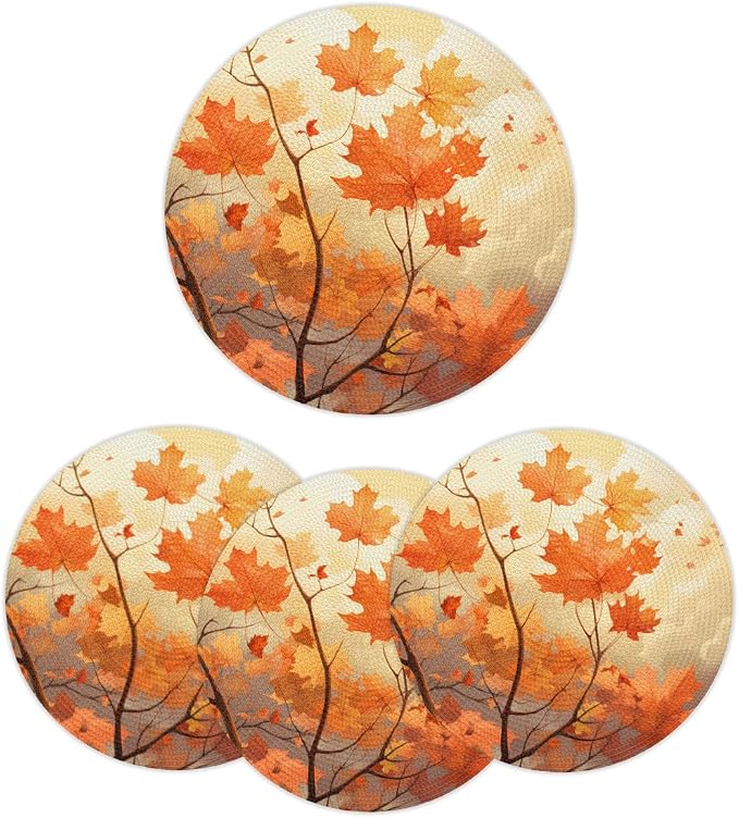 Round Placemats Set of 4, Fall Maple Leaves Branches Woven Placemats Mats Non-Slip Heat Resistant Washable Table Mats Round Braided Place for Farmhouse Kitchen Dining Party Decor 15in