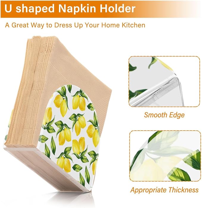 Yellow Lemon and Green Leaves on White Napkin Holder for Tables Paper Cocktail Napkin Holders for Kitchen and Dinning, Acrylic Dinner Napkin Dispenser for Restaurant Home Decor Bar Accessories 2 Pack