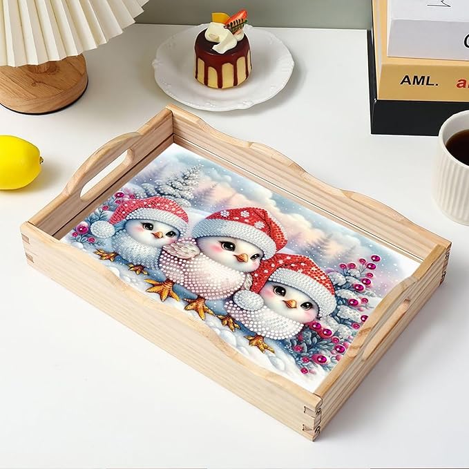 DIY Diamond Serving Tray Diamond Art Painting Creative Design Handmade Wooden Tray Dinner Plate for Coffee Breakfast Home Organizer-Christmas Bird