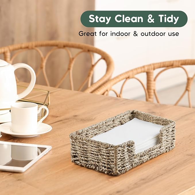 Napkin Holder for Bathroom, Woven Wicker Seagrass Guest Towel Holder Tray, Disposable Paper Hand Towel Holder for Bathroom Accessories, Dinner Napkin Holder for Kitchen Table Party