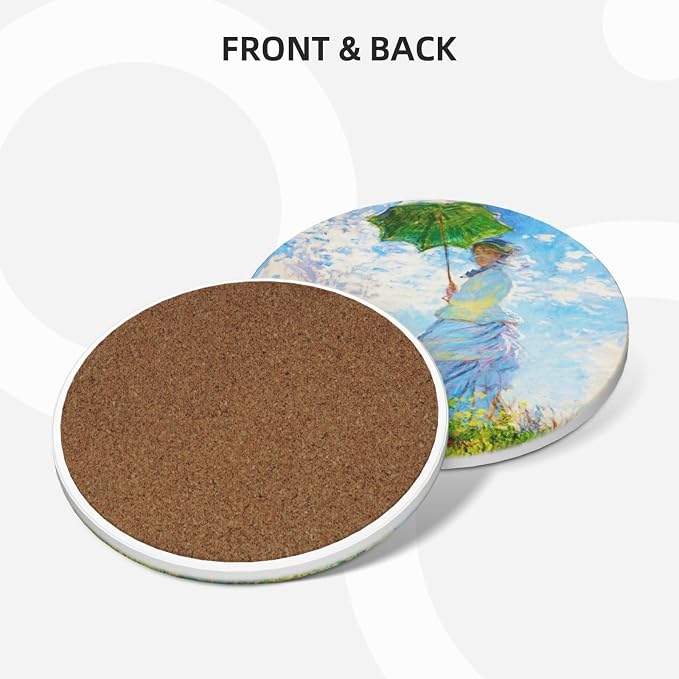 Monet Impression Sunrise Drinks Absorbent Coasters with Holder Set of 6, Coffee Table Decor, Ceramic Stone Coaster with Cork Base Tabletop Protection Mat for Mugs and Cups,Office,Kitchen