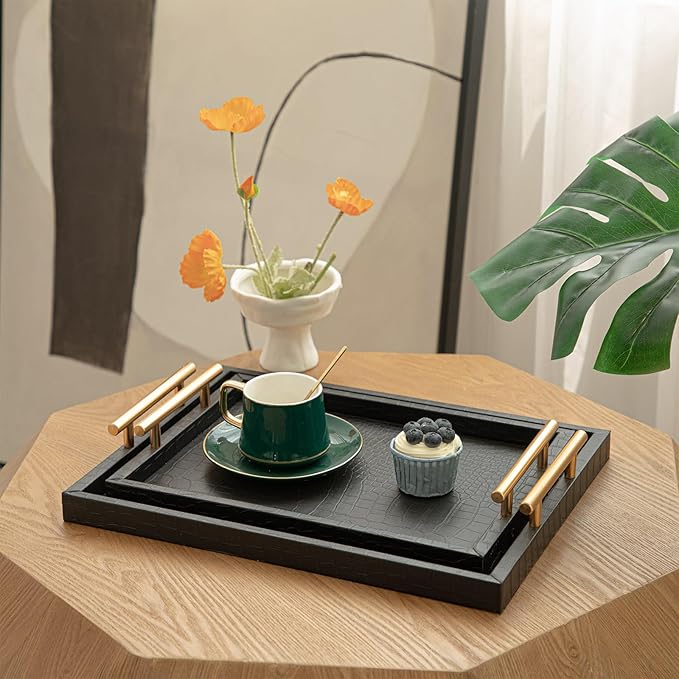 Set of 2 Modern Elegant Large Wood Serving Tray, Rectangle Decorative Tray Ottoman Tay Coffee Table Tray, Black Crocodile Leather with Gold Polished Metal Handles