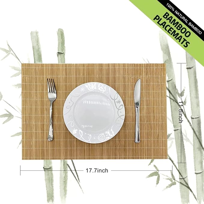 Non-Slip Bamboo Placemats Set of 6, 17.7x11.8 Inch - Heat Resistant & Easy-Clean, Natural Woven Table Mats for Daily Dining, Family Meals or Home Decor (Brown)