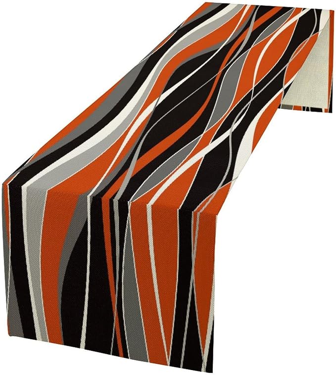 Abstract Modern Geometric Table Runner Orange Black Gray Minimalist Contemporary Geometry Ombre Wave Stripe Dinner Runner for Kitchen Dining Holiday Party Decor 13x90in