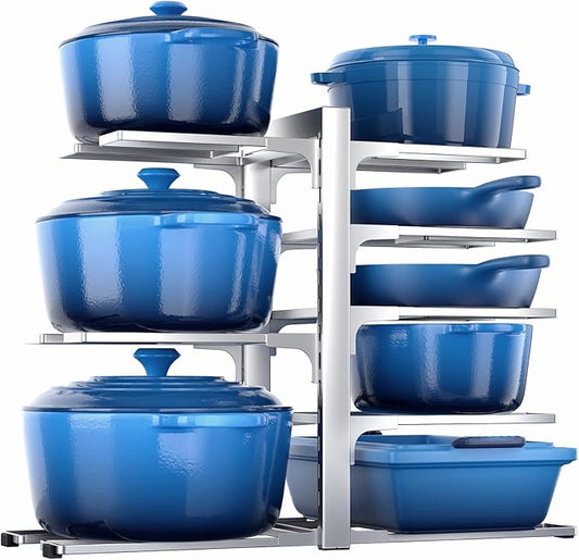 ORDORA Pots and Pans Organizer Rack for Cabinet, 15.83" Height 8-Tier Heavy Duty 120LBS Pot Pan Organizer under Cabinet Adjustable for Cast-iron Pan, Heavy Skillets Griddles, Shallow Pot, Silver