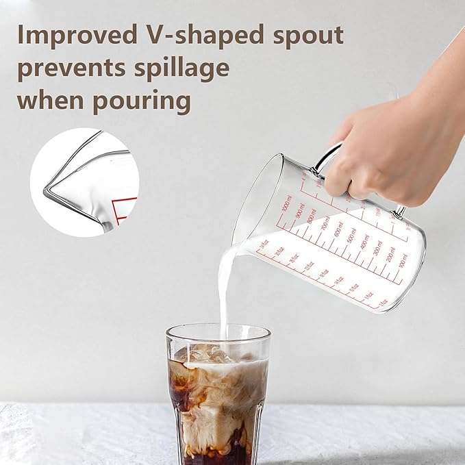 WhiteRhino Glass Measuring Cup,4Cup/1000ml/32oz Liquid Measuring Cups, Measuring Cup With Handle and V-Shaped Spout, Glass Beaker with Three Scales (OZ, Cup, ML), Dishwasher/Freezer/Microwave Safe