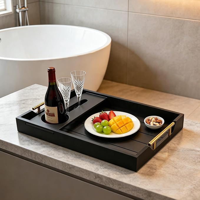 Serving Tray with Wine Glass Holder, Charcuterie Snack Tray with Handles for Wine, Cheese, Fruit and Nuts, Picnic Tray for Parties, Coffee Table and Entertaining