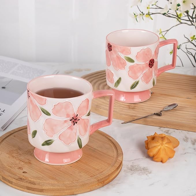 KAMMAK Ceramic Pink Coffee Mug, 15oz Large Mugs Set of 2, Novelty Cup for Tea, Juice, Milk, Cute Porcelain Water Cups with Handle for Women, Dishwasher and Microwave Safe