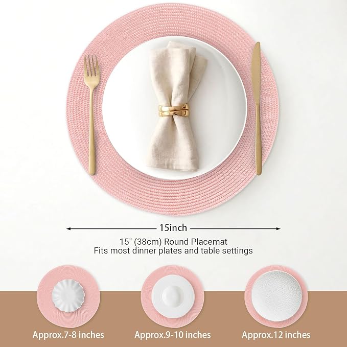 FunWheat Round Braided Placemats Set of 4 Table Mats for Dining Tables Woven Washable Non-Slip Place mats 15inch (Pink, 4pcs)