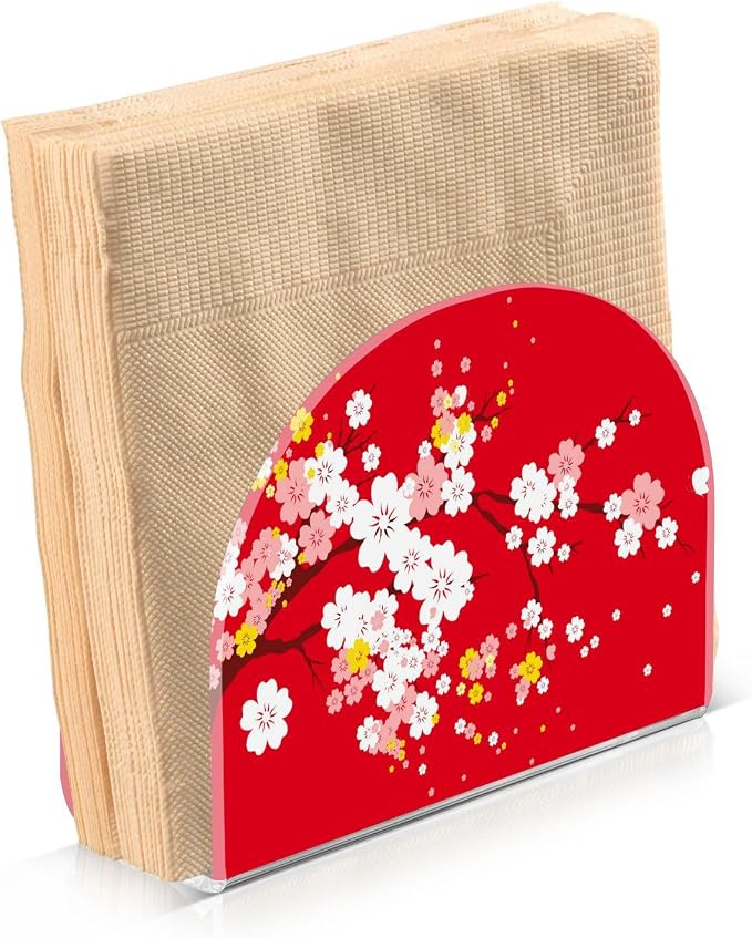 Japaneses Tree Red Cherry Bloom Napkin Holder for Tables Paper Cocktail Napkin Holders for Kitchen and Dinning, Acrylic Dinner Napkin Dispenser for Restaurant Home Decor Bar Accessories 2 Pack