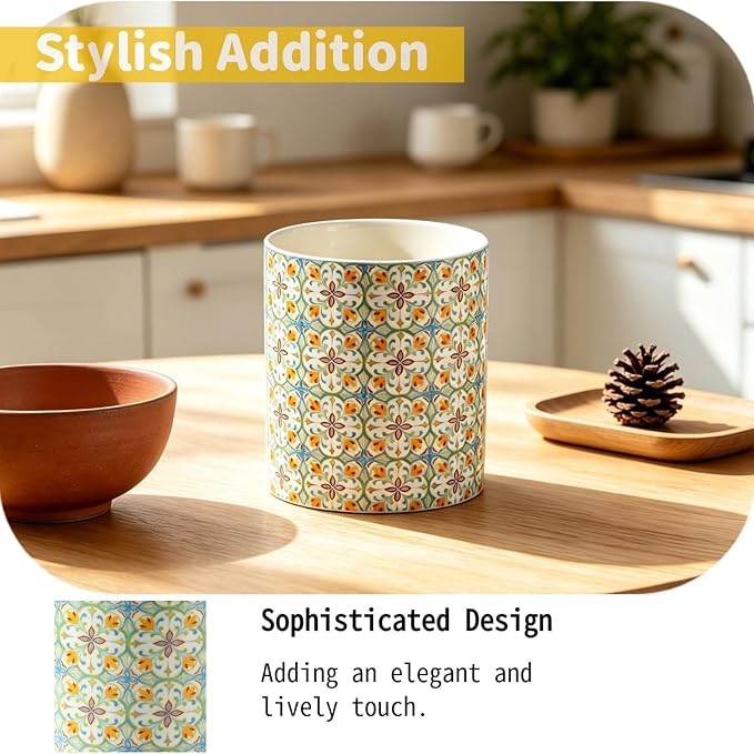 Kitchen Ceramic Utensil Holder Rustic, Floral Utensil Crock for Countertop, Embossed Pattern with Kiln-Fired Finish, Stable Vintage Utensil Holder for Kitchen Accessories, Housewarming Gift