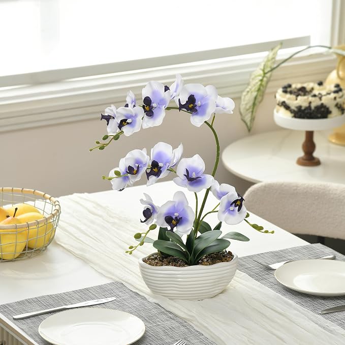 19" H Phalaenopsis Faux Orchid Plant Silk Orchid Centerpiece Artificial Floral Arrangement in Ceramic Pot (White and Purple)