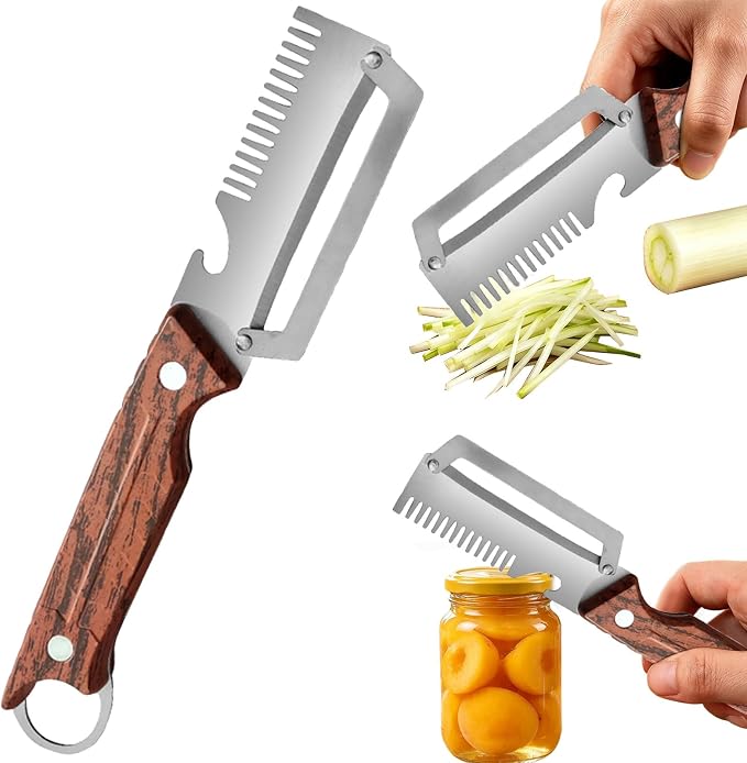 Multifunctional Stainless Steel Vegetable Peeler with Wooden Handle, Julienne Cutter & Bottle Opener for Potato, Apple, Carrot, Fruit and Veggie Prep (Brown)