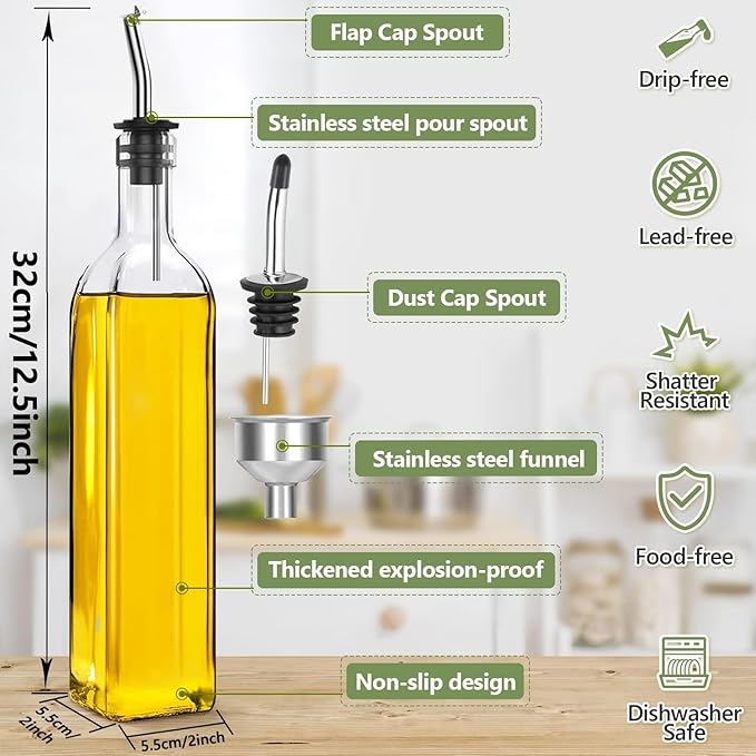 Leaflai Olive Oil Dispenser, 500 ml/17 oz Vinegar and Olive Oil Bottle Dispenser Oil Bottles for Kitchen with 1 Pourers,2 Labels and 1 Funnel, Home Square Tall Glass Oil Container As Gift