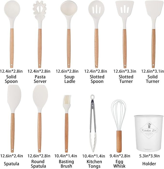 Silicon Cooking Utensils Set for Kitchen, 12 pcs Non-Stick Cooking Set 446°F Heat Resistant with Wooden Handle Spatula Turner Spoon Tongs Whisk,BPA-Free(Milk White)