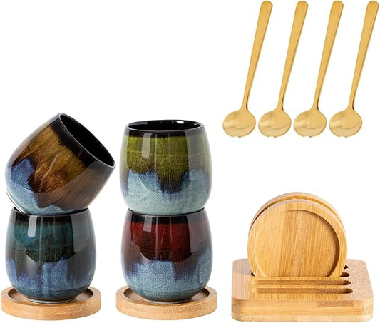 2.7 Oz Mini Espresso Cups Set of 4, Colorful Ceramic Demitasse Cups with Bamboo Coasters & Spoons, Unique Glaze Mugs for Turkish Coffee, Macchiato, Espresso Martini, Dishwasher & Microwave Safe
