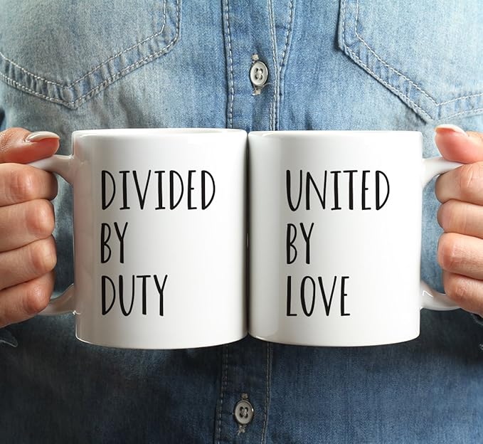 Andaz Press 11oz. Ceramic Ceramic Valentines Day Coffee Mugs Wedding Anniversary Couples Gift Set, Divided By Duty, United By Love, 2-Pack, Military Deployment Husband Wife Birthday Gift Ideas