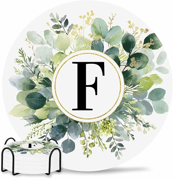 Coasters Set of 4 Letter F Drink Coasters with Holder Absorbent Stone Ceramic Cup Mat Alphabet Green Eucalyptus Leaves Coaster for Drinks Coffee Bar Office Kitchen Cafe Home Decor