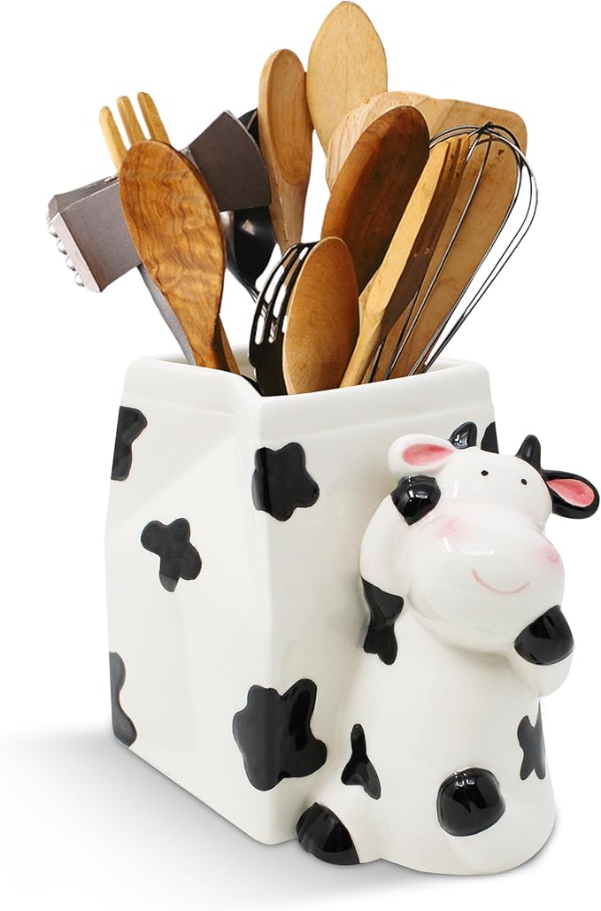 Utensil Holder | Cow Gifts For Women | Cow Stuff Print Kitchen Crock Storage | Accessories Decoration | Cute Gifts For Women | La Vaca Animal Cow Decor | Countertop Cow Stuff Vase