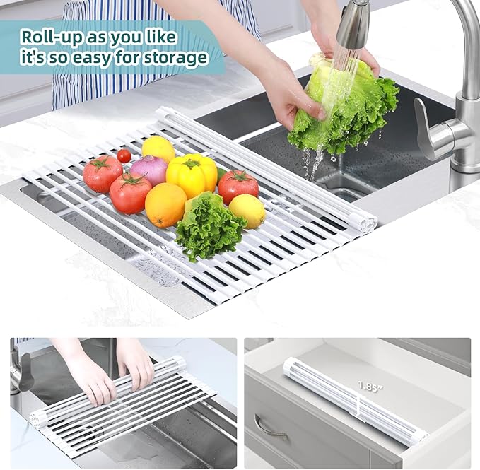 Ohuhu Over Sink Dish Drying Rack, 17.6" W x 15.4" L Roll Up Dish Racks Kitchen Sink Organizer Silicone Wrapped Large in Sink Dish Drying Rack Foldable Rolling Drain Mats Anti-Slip