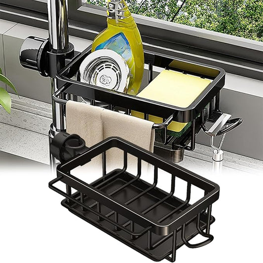 Kitchen Sink Faucet Organizer, Kitchen Sink Organizer Over Faucet, Over Sink Dish Drying Rack, Sponge Holder for Kitchen Sink, for 0.7-1.1 inch Round Water Pipe (Black, Right Mount)