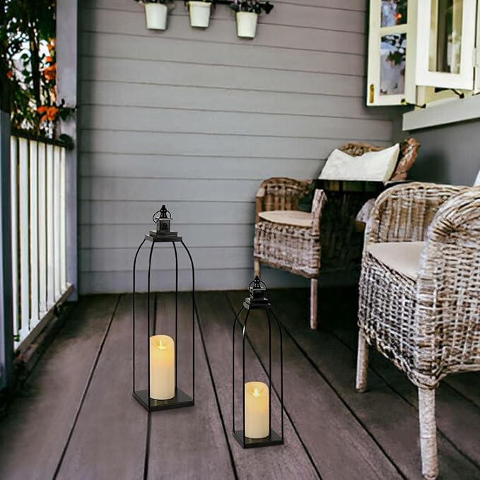 DARJEN 19'' 22'' Decorative Candle Lanterns, Large Farmhouse Decorative Metal Lanterns with 2 Flameless Candles, Black Candle Lanterns for Home Porch Fireplace Decor & Indoor and Outdoor Use