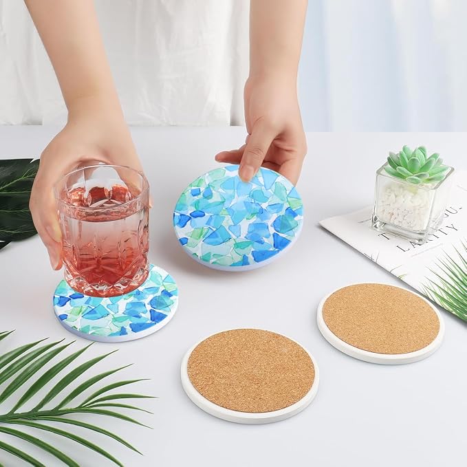 2 Pack Ceramic Coasters for Drinks – Absorbent Stone Coaster with Non-Slip Cork Back, Heat-Resistant & Durable for Coffee Table & Desk, Aesthetic Home & Office Decor (Stained Glass)