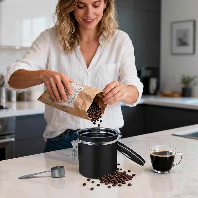 1.5L Airtight Vacuum Coffee Canister, Stainless Steel Storage Container for Coffee Beans and Grounds with Scoop.Suitable for coffee powder, coffee beans, rice, tea leaves, sugar, flour, and grains
