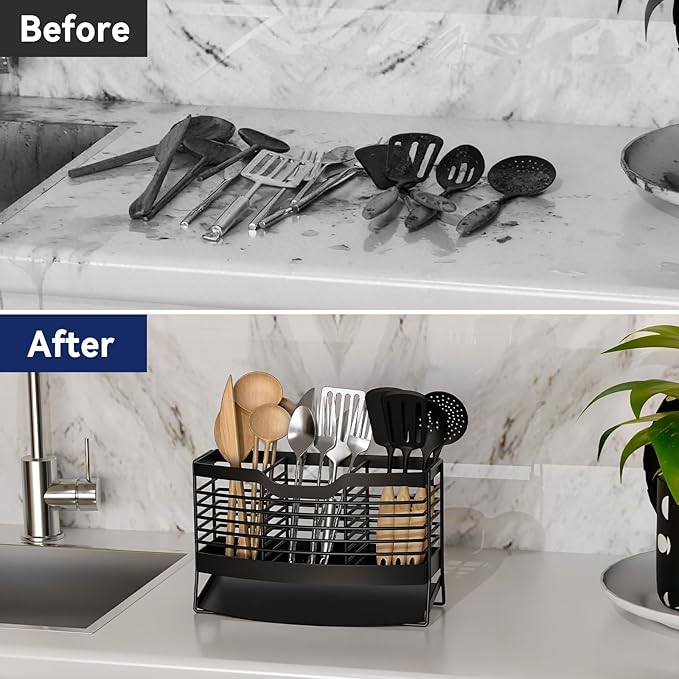 Utensil Holder, Stainless Steel Utensil Drying Rack with Automatic Drain Tray for Kitchen Counter, 3 Compartments Silverware Spoon Holder Cutlery Storage Organizer, Black