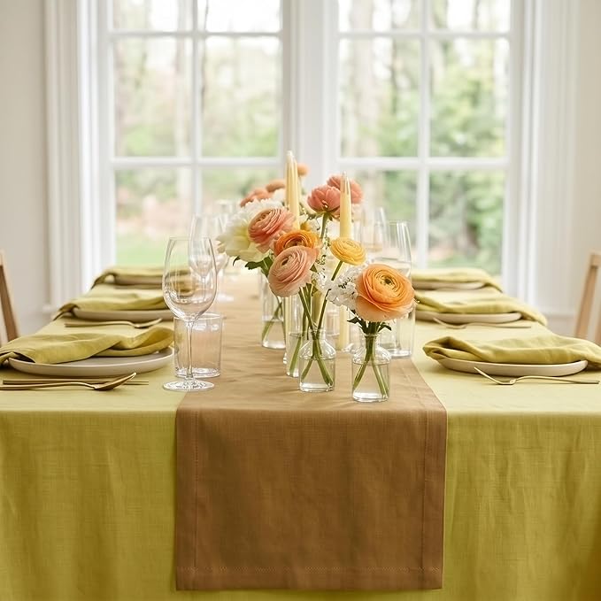 Solino Home Linen Table Runner 90 Inches Long - 100% Pure Linen Caramel Dining Table Runner 14 x 90 Inch for Spring, Summer - Fete