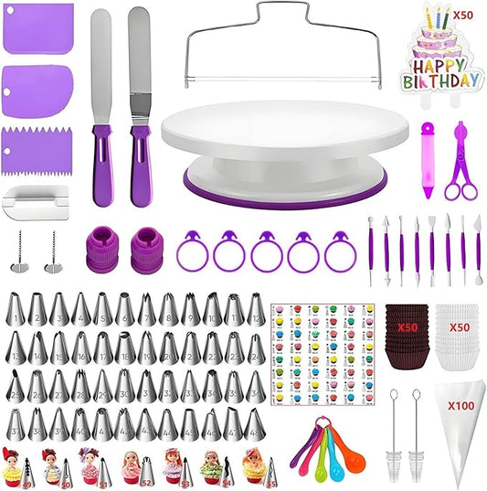 ANSLYQA Cake Decorating Kit, 340 Pcs with Cake Turntable, Leveler, 55 Numbered Icing+Skirt Tips, 2 Spatulas, 3 Scrapers, 2 Couplers, 100 Pastry Bags, 100 Cupcake Liners & More Baking Tools, (Purple)