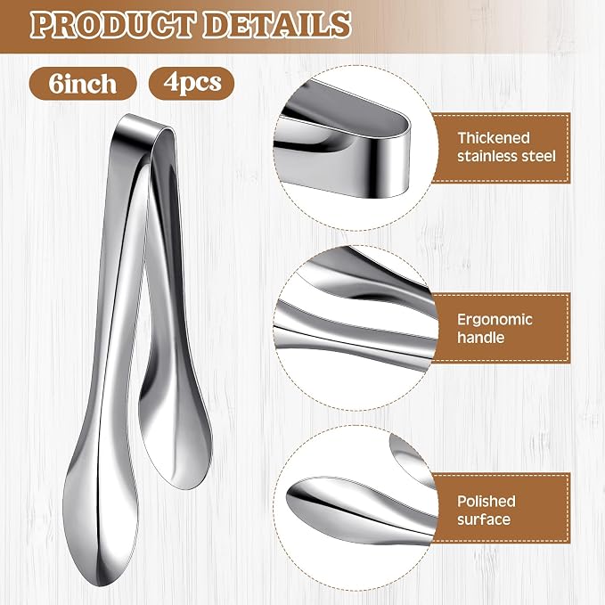 4 Pack 6 Inch Polished Stainless Steel Serving Tongs Metal Food Silver Tong for Buffet Salad BBQ Grilling Heavy Duty Kitchen Utensils for Cooking Catering Wedding Party