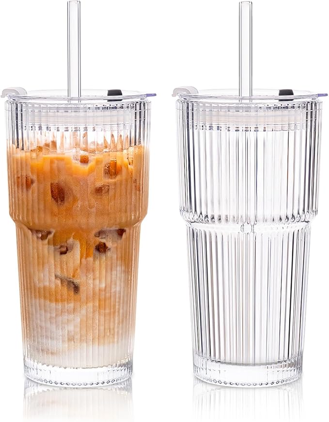 KEMORELA 2-Pack 20 oz Ribbed Glass Tumblers with Lids and Glass Straws – Vintage Iced Coffee Cups, Reusable Smoothie & Cocktail Drinking Glasses, Clear Glassware for Home or Cafe