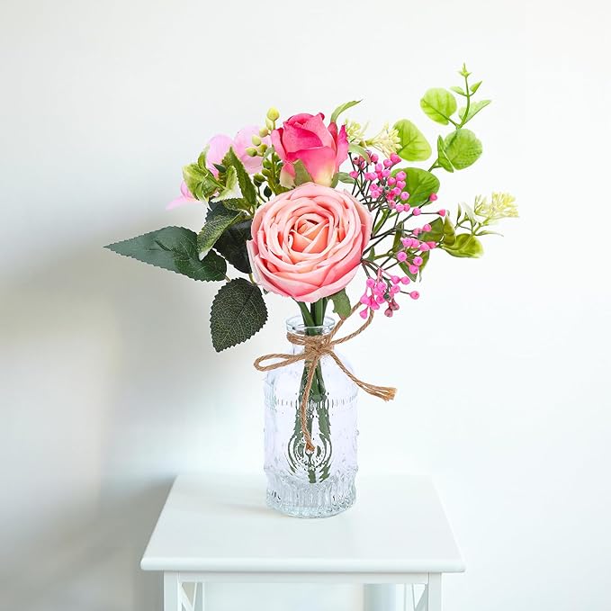 AFRITEE Flowers Bouquet in Small Vase - Pink Rose Artificial Fake Centerpiece Potted Flowers with Transparent Vase Set for House Dining Room Farmhouse Coffee Wedding Table